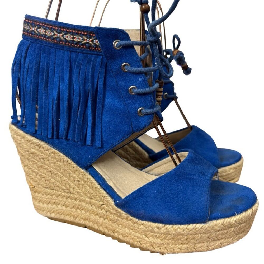 Miim Opava Blue Suede Leather Wedge Espadrille Fringe Sandals Shoes Platform 8